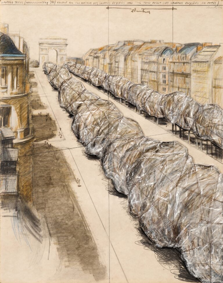 Christo, Wrapped trees (Approximately 380) Project for the Avenue des Champs d'Elysées and the Rond Point des Champs d'Elysées in Paris. Courtesy Sotheby’s