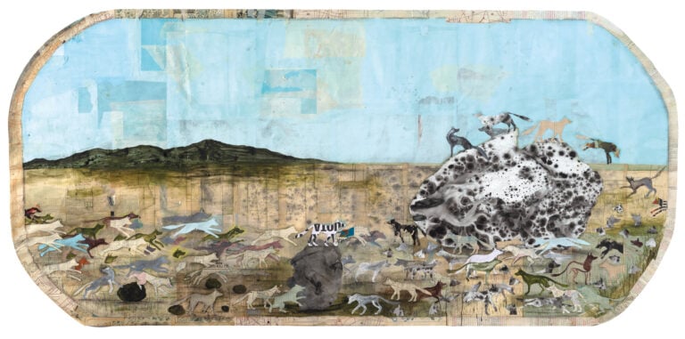 Denis Riva, Momenti di condivisione, 2020. Acrilico e china su collage di carte, 320 x150 cm