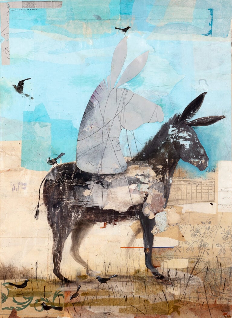 Denis Riva, Ormai sono vent'anni che aspettano, 2021. Acrilico e lievito madre su collage di carte, 115 x 150 cm