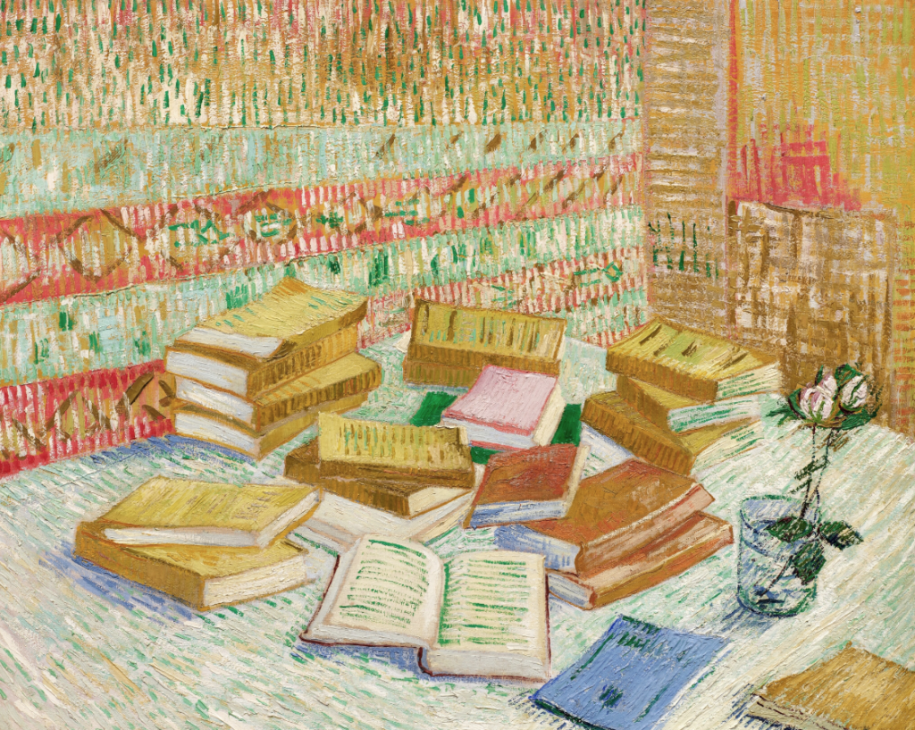 Vincent Van Gogh, Piles de romans parisiens et roses dans une verre (Romans parisiens), 1887. Courtesy Sotheby's 