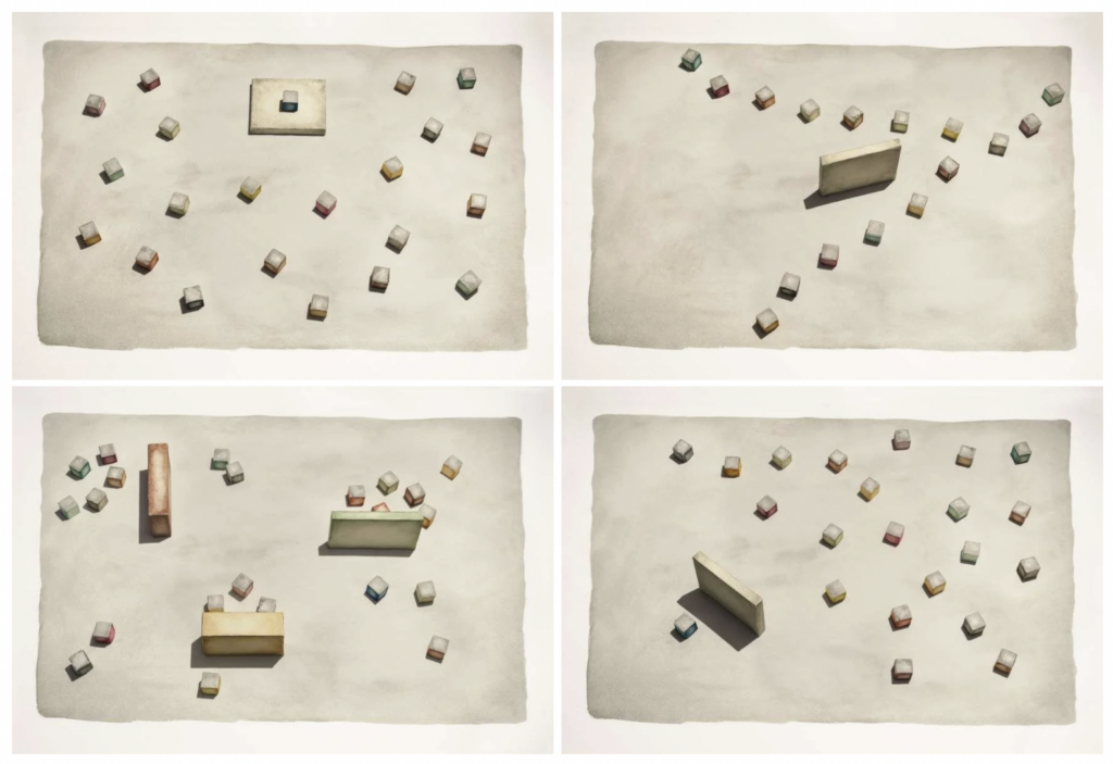 Marco Palmieri, Pregiudizi (Potere/Scelta/Paesaggi/Difesa), stampa a getto d&rsquo;inchiostro su carta Hahnemüle montata su alluminio, dim. 27 x 40,5 cm, ed. di 7