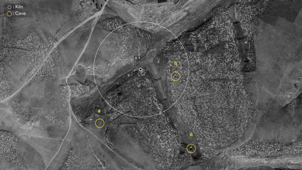 Aerial photograph with 1945 annotations showing the three most likely sites of Tur al-Zagh, 2025, &copy; Forensic Architecture