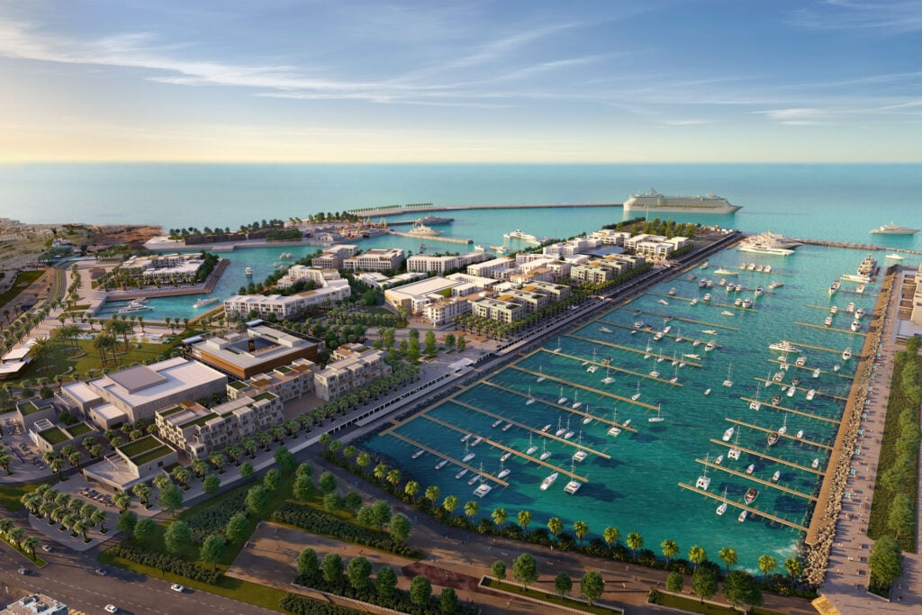 Il rendering della marina e delle ville del progetto Tangiar Waterfront crediti Eaglehills morocco.com