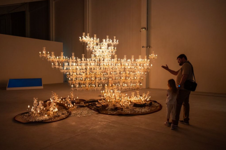 Jompet Kuswidananto, Keroncong Concordia, 2019. Commissioned by Sharjah Art Foundation. Sharjah Art Foundation Collection. Installation view: Of Land and Water: Works from the Sharjah Art Foundation Collection, Kalba Ice Factory, Kalba, 2025. Image courtesy of Sharjah Art Foundation. Photo: Motaz Mawid