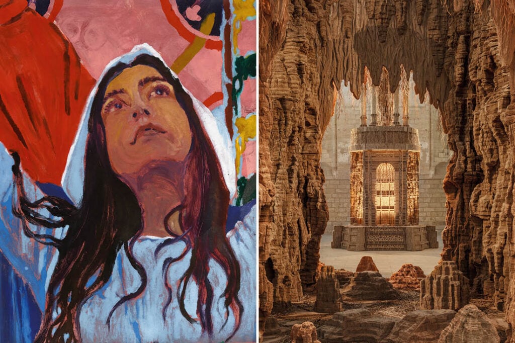 Grand palais, a sinistra: Claire Tabouret, Maquette détail © Claire Tabouret © photo Marten Elder, 2025 / a destra: Eva Jospin, vue d’exposition Palazzo, 2023, Palais des papes, Avignon © Photo Benoît Fougeirol © Adagp, Paris, 2025