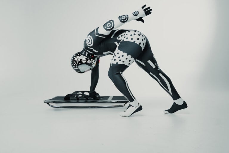 Skeleton, athlete Akwasi Frimpong of Ghana with his skeleton; suit design Matt Millette, helmet design Peter Pen Art, photo Nate Athay, 2024 
