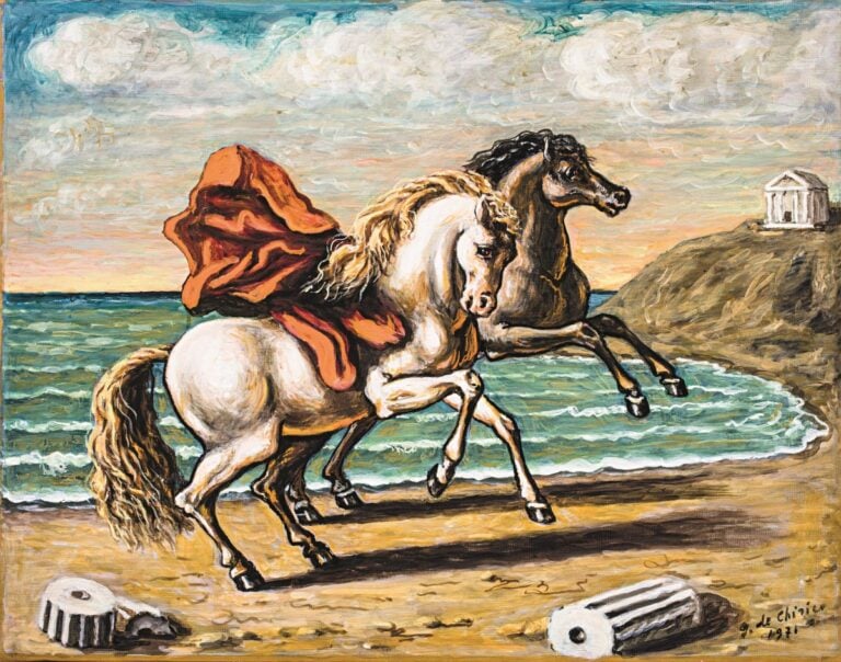 Giorgio de Chirico, Due cavalli in riva al mare con ruderi e drappo rosso, 1971, Fondazione Giorgio e Isa de Chirico, Roma © Giorgio de Chirico, by SIAE 2025