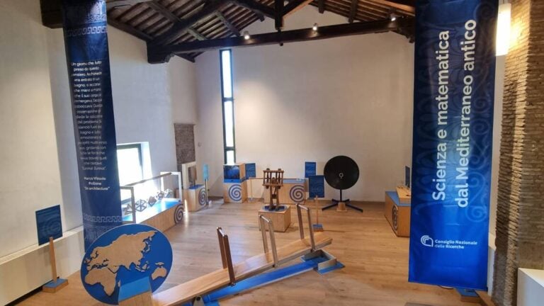 Exhibition view, Agor&agrave;, Scienza e matematica dal Mediterraneo antico, Casale di Santa Maria Nova, Parco Archeologico dell&rsquo;Appia Antica, Roma