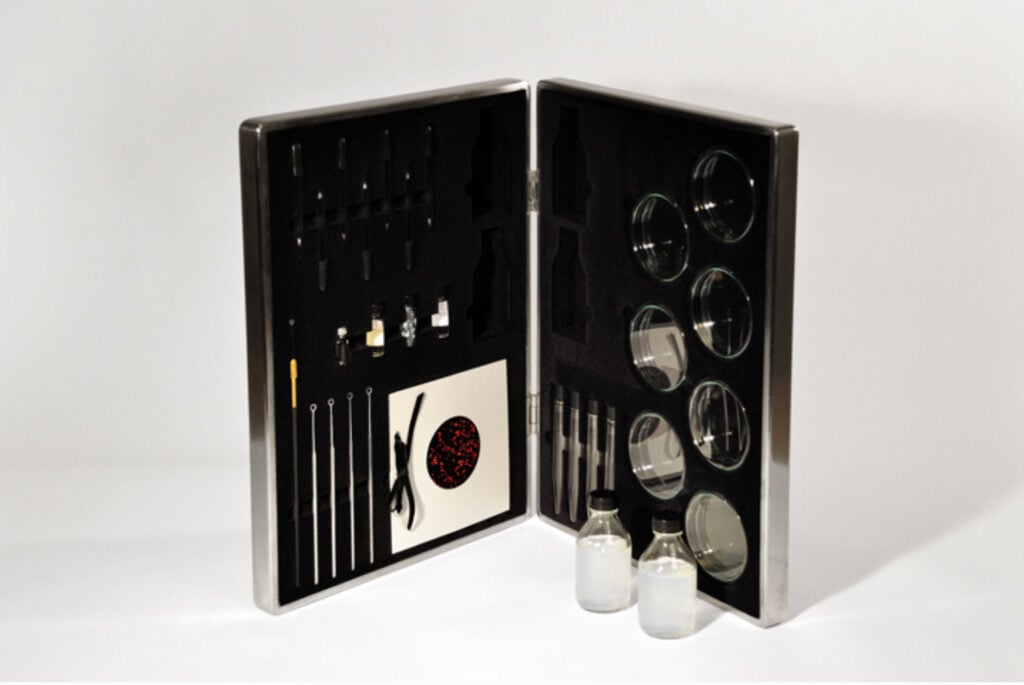 Eduardo Kac, Cypher- DIY transgenic kit, 2009, Petri dishes, agar, nutrients, streaking loops, pipettes, test tubes, synthetic DNA, booklet. Courtesy of the artist