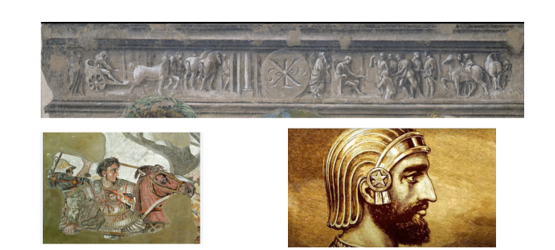 In alto: Fregio che sovrasta le immagini di Leonardo e Bramante nell’affresco di Brera. Sotto a sinistra: Alessandro Magno nella battaglia di Isso, Museo Archeologico. Napoli. A destra: Rifacimento di immagine di Ciro il Grande, Iranian Knowledge