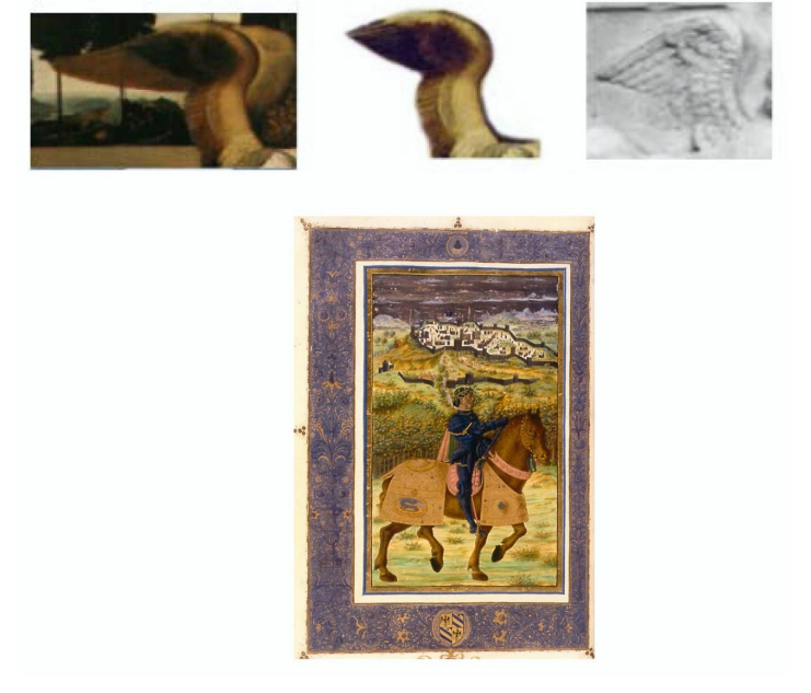 In alto; da sinistra. L’ala dell’Annunciazione come si presenta ora. Al centro. L’ala nella versione originaria. A destra. Ala di putto del frontale della Cappella di Rusciano. In Basso . Ala sul dorso del cavallo di Federico di Montefeltro guidato da Lorenzo il Magnifico. Codice Urbinate 491 Biblioteca Apostolica Vaticana