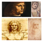 Da sinistra. Leonardo da Vinci; Il Musico (in realtà autoritratto). Biblioteca Ambrosiana, Milano. Eraclito con le sopracciglia portate alla posizione naturale. L’Uomo Vitruviano, Galleria delle Accademie., Venezia. L’Autoritratto di Leonardo. Biblioteca Reale di Torino.