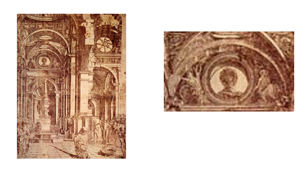 A sinistra . Incisione Prevedari su disegno di Donato Bramante. A destra ; Incisione Prevedari. Particolare. Milano Castello sforzesco collezione Bertarelli.