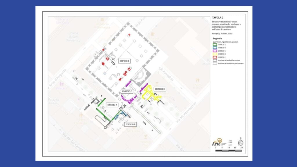 La ricostruzione in piante delle antiche strutture murarie rinvenute nell'area di piazza Andrea Costa