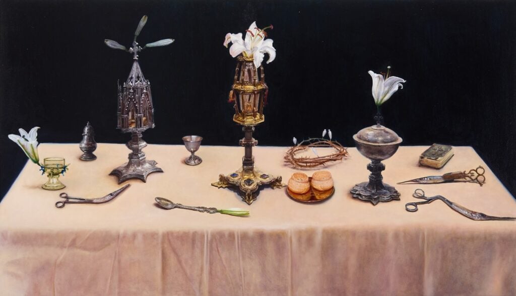 Teodora Axente, Still Life with Lilies, 2025, olio su tela, 120 x 69 cm, courtesy Gallery Rosenfled, London
