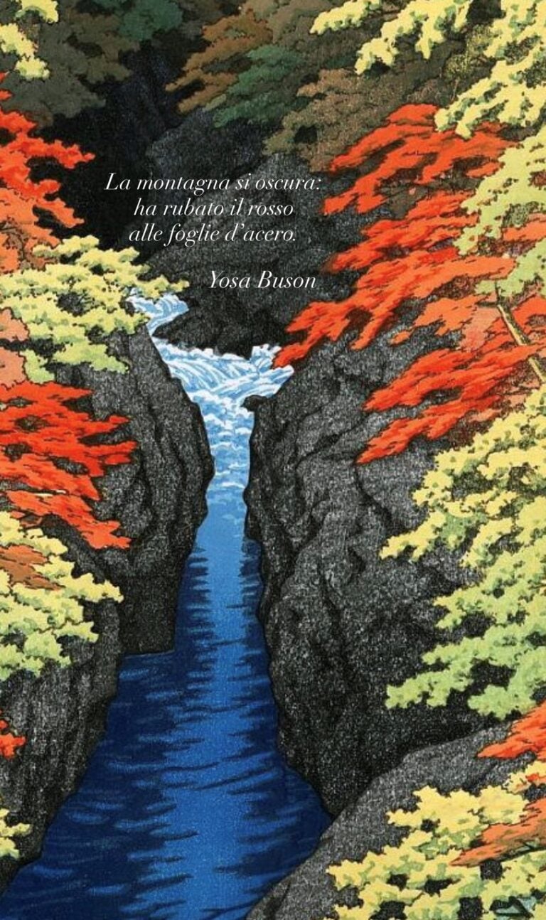 Un haiku del poeta e pittore giapponese Yosa Buson utilizzato negli incontri di Irene Canino. Stampe di Kawase Hasui