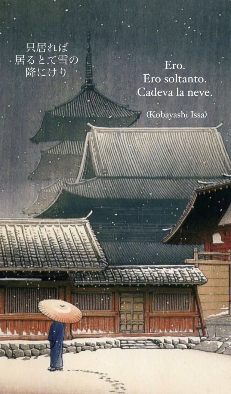 Un haiku del poeta e pittore giapponese Issa Kobayashi utilizzato da Irene Canino. Stampe di Kawase Hasui
