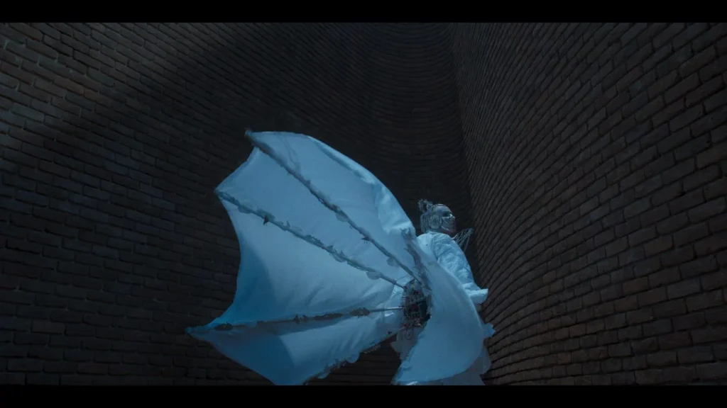 Ex chiesa di San Barbaziano, Driant Zeneli. FALLING. In foto: When winds in Monsoon play, the White Peacock will sweep away (still), 2025. Courtesy The Artist e Giorgio Persano Gallery, Torino