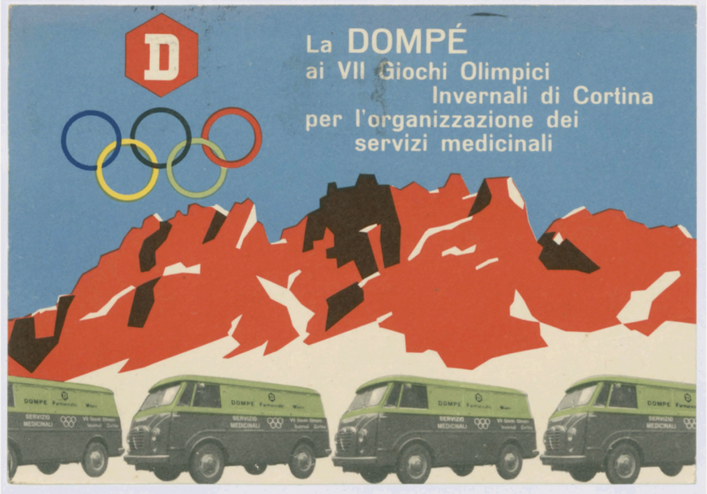 Cartolina della Domp&eacute; farmaceutici alle Olimpiadi Invernali di Cortina 1956. Courtesy Archivio Fondazione Domp&eacute;