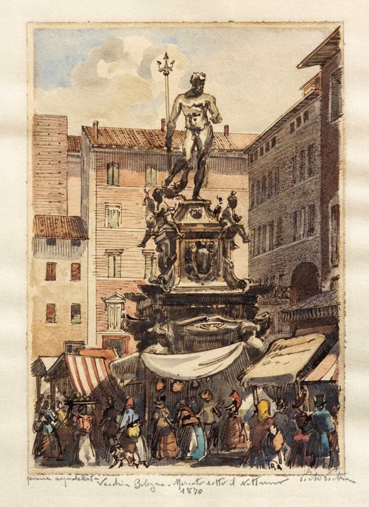 Pietro Pietra, Vecchia Bologna. Mercato sotto il Nettuno, collezione privata, s.d. Courtesy Associazione Bologna per le Arti