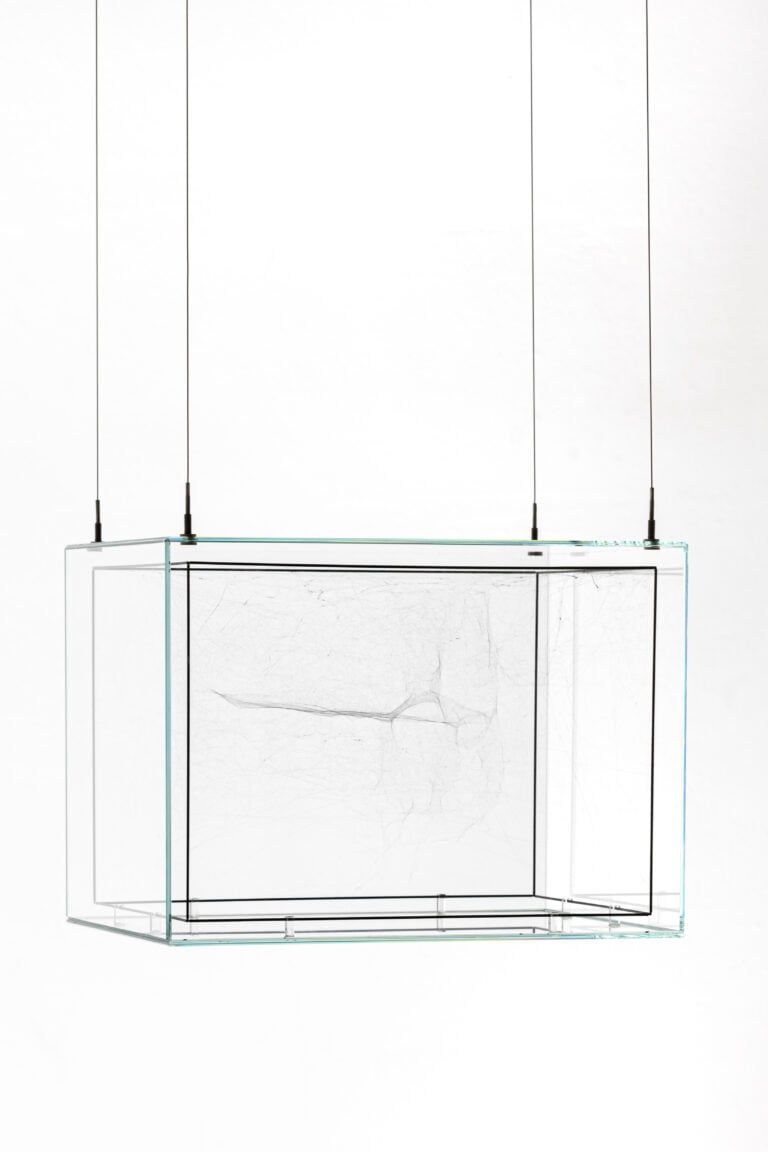 Tomas Saraceno, Hybrid dark solitary semi-social cluster FK5 768 built by a solo latrodectus geometricus - three weeks, a quintet of cyrtophora citrico - five weeks, rotated 90&deg;, 2021. Courtesy l&rsquo;artista e Pinksummer