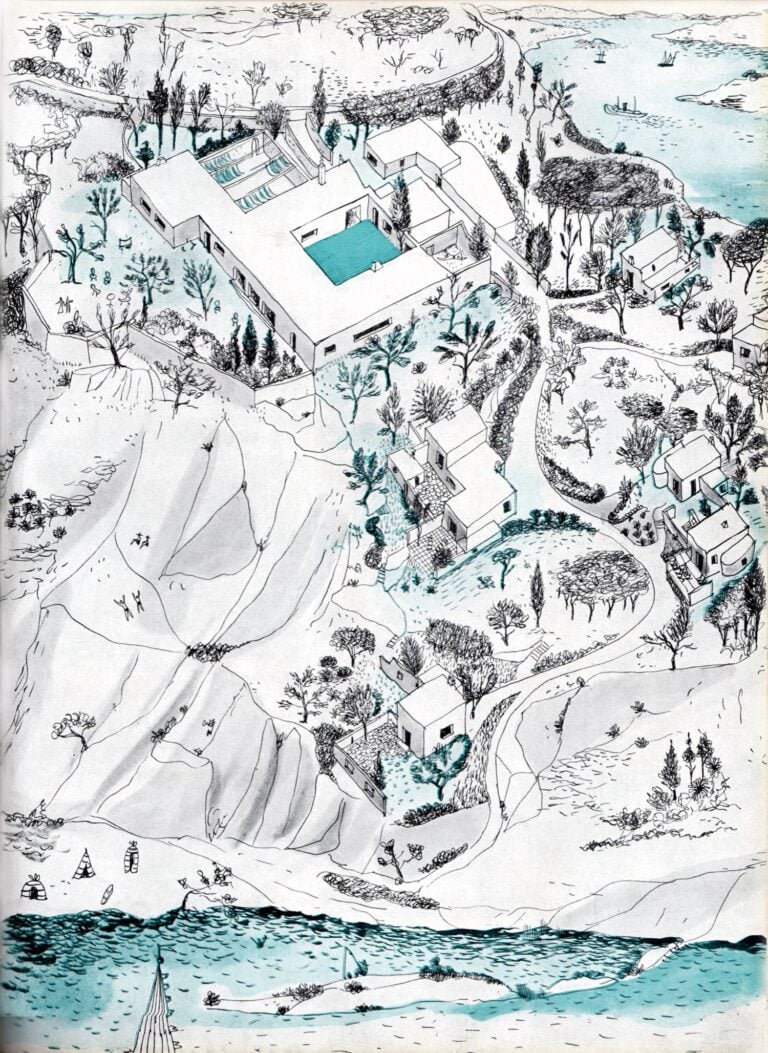 Gio Ponti, Bernard Rudofsky, Progetto di un albergo per la costa dalmata, 1941. Rielaborazione del progetto di un albergo per Capri. Assonometria generale. Articolo pubblicato su &ldquo;Stile&rdquo;, 8 agosto 1941