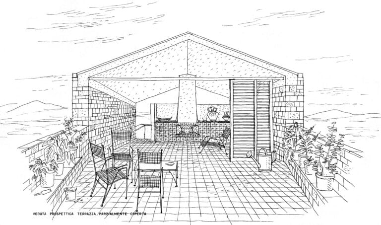 Mario De Renzi, Casa a Sperlonga, 1952-1954. Veduta prospettica della terrazza in copertura. Fonte &ldquo;L&rsquo;Architettura. Cronache e storia&rdquo;