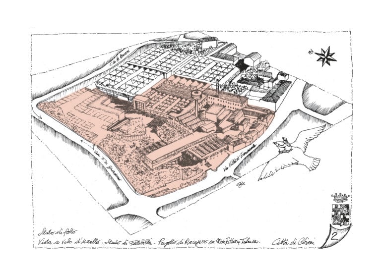 Assonometria, schizzo: progetto di riqualificazione della Manifattura Tabasso di Chieri