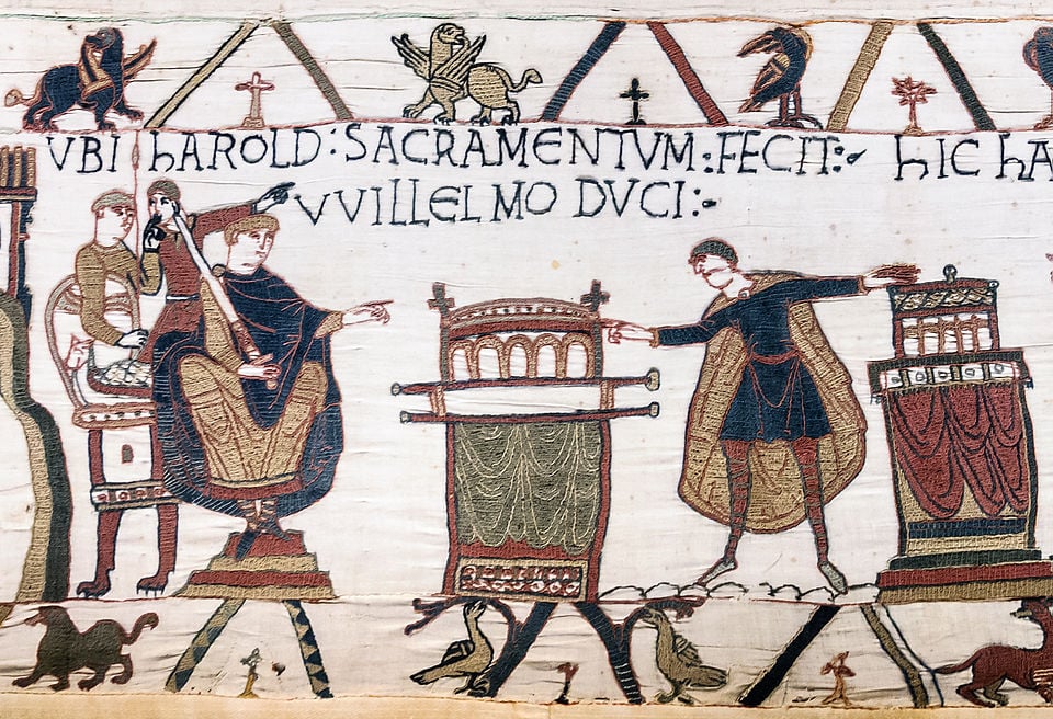 Bayeux Tapestry, Scena 23, Dove Aroldo presta giuramento al duca Guglielmo. Wikipedia Commons
