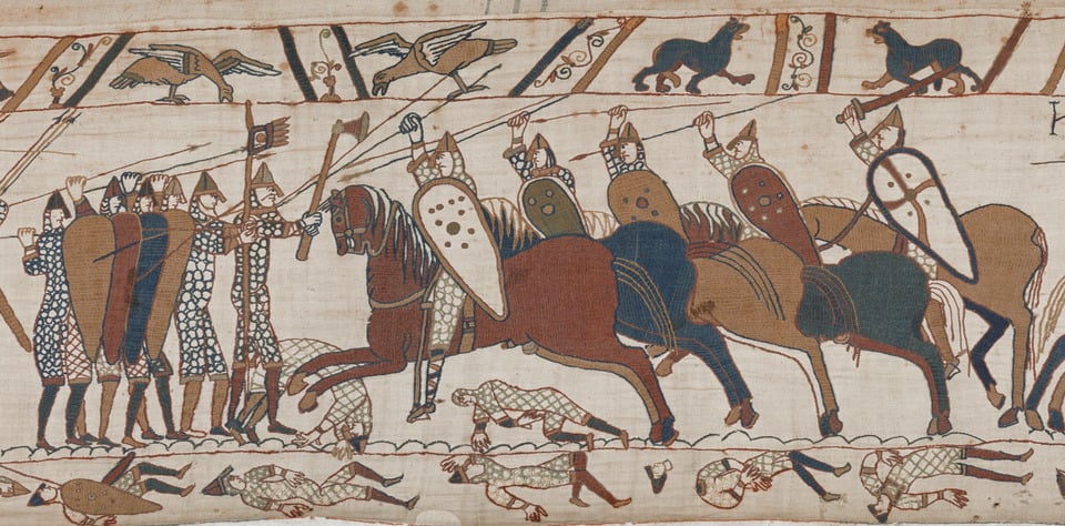 Bayeux Tapestry, Scena 52, stili di fanteria e cavalleria, Wikipedia Commons