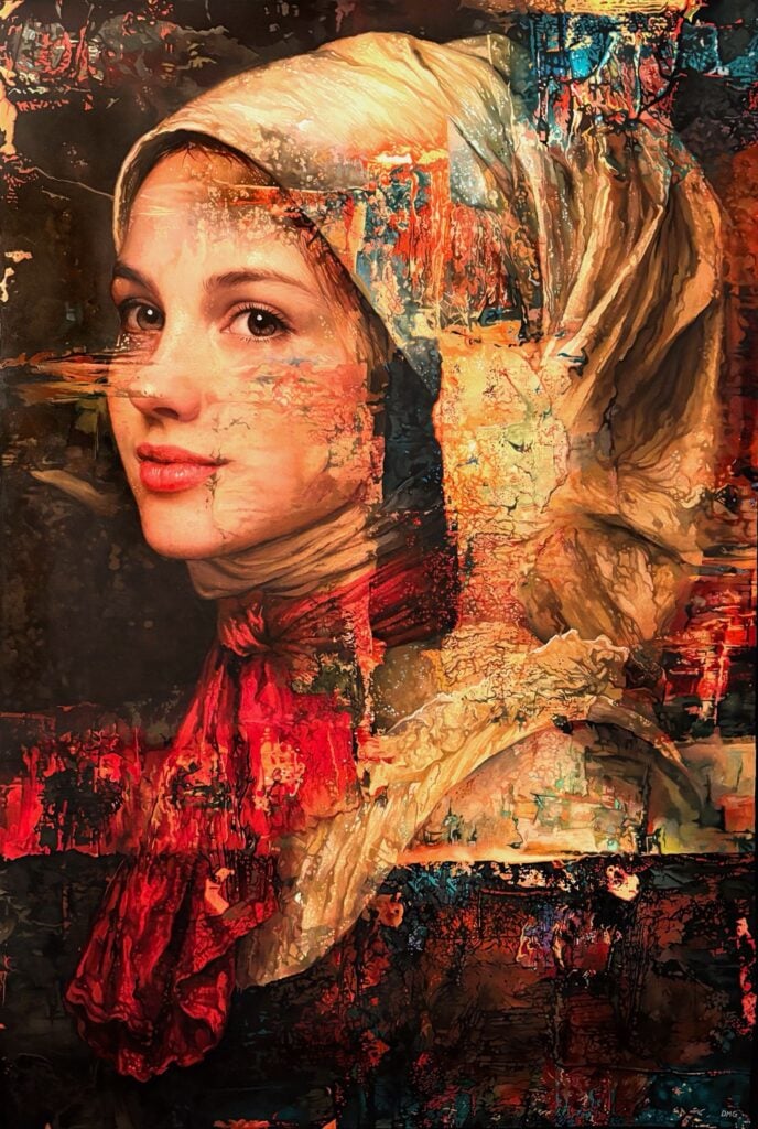 Diego Maria Gradali, Ragazza con foulard rosso, acrili su tela, 100x150, 2026