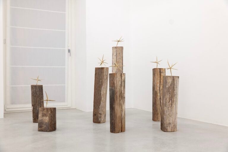 Ignazio Mortellaro, serie Le Dame (I-VII), 2025, fusione a sabbia in ottone, tronco di legno