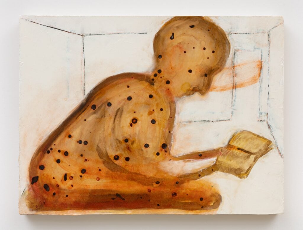 Mira Schor, The Quarantined Scholar, 2019, inchiostro acrilico e olio su tela. Gentile concessione dell&rsquo;artista