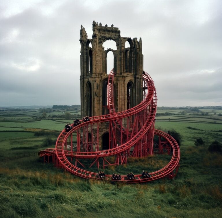 Phillip Toledano, A giant red complicated rollercoaster with people, 2025
