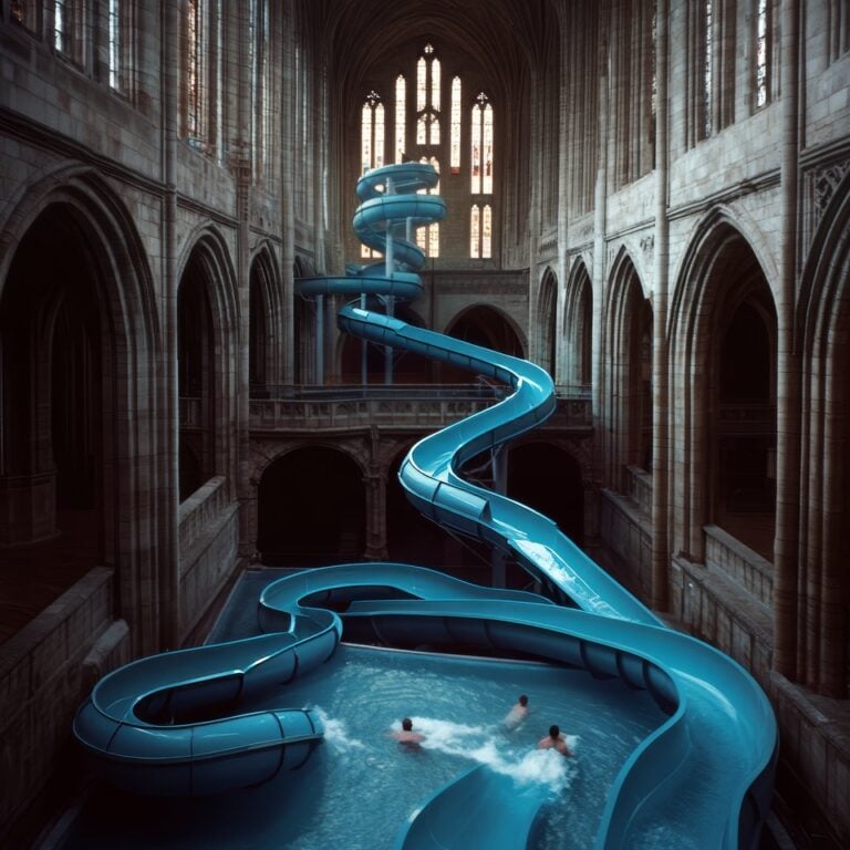 Phillip Toledano, A waterpark with twisty blue slides and a few people, 2025