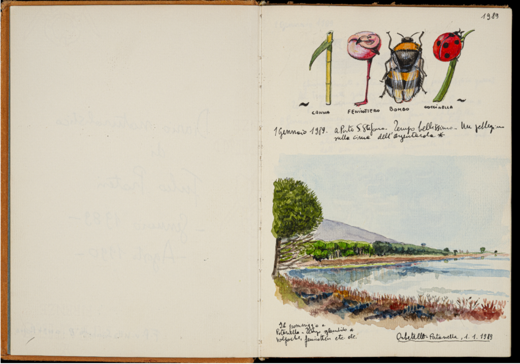 Fulco Pratesi, “Diario”, 1° gennaio 1989, 21 x 32, acquerello su carta, nella pagina è raffigurato il paesaggio della Laguna di Orbetello – Località “Patanella”