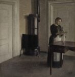 Vilhelm Hammersh&oslash;i, Interior of Woman Placing Branches in Vase on Table, 1900. Courtesy Phillips