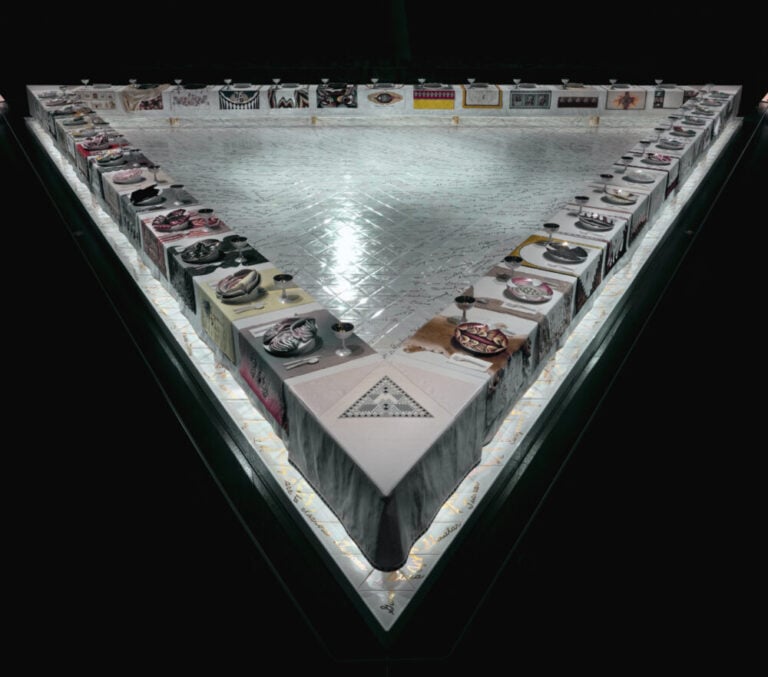 Judy Chicago, The Dinner Party, 1974&ndash;79. Ceramic, porcelain, textile, 576 &times; 576 in. (1463 &times; 1463 cm), Brooklyn Museum, Gift of the Elizabeth A. Sackler Foundation, 2002. &copy; Chicago Woodman LLC, Judy Chicago/Artists Rights Society (ARS), New York Photo &copy; Chicago Woodman LLC, Donald Woodman/Artists Rights Society (ARS), New York