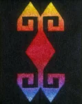 Judy Chicago, Logo from the Holocaust Project, 1992. Stained glass, 42 x 48.5 x 1.25 in. (106.68 x 123.19 x 3.18 cm). &copy; Chicago Woodman LLC, Judy Chicago/Artists Rights Society (ARS), New York Photo &copy; Chicago Woodman LLC, Donald Woodman/Artists Rights Society (ARS), New York