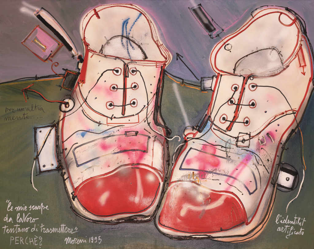 Mattia Moreni, Le mie scarpe da lavoro tentano di trasmettere PERCH&Eacute;?, 1995. In mostra: Mattia Moreni. Dalla regressione della specie all'umanoide, MAR, Ravenna