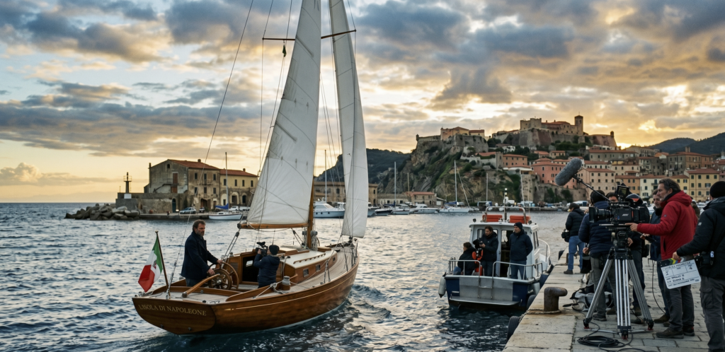 L’artista italiano che parte dall’Isola d’Elba in barca a vela per raggiungere Sant’Elena: si parla di potere e si gira un film
