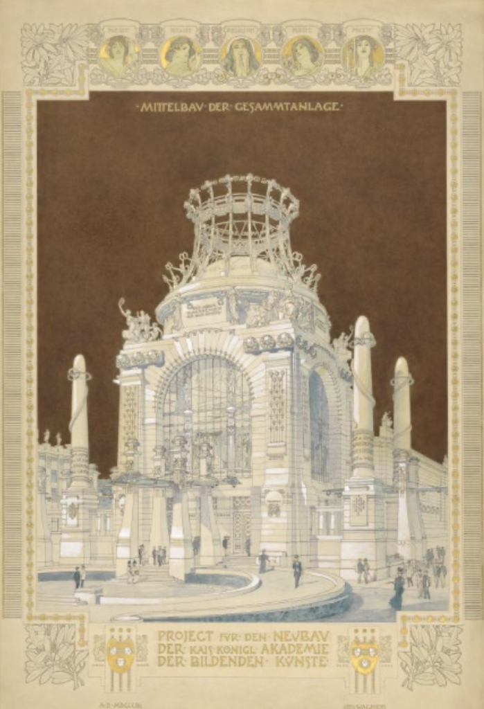 berlino Otto Wagner, Projekt f&uuml;r den Neubau der Akademie der bildenden K&uuml;nste, Ehrenhalle, 1898, Bleistift, Feder, Aquarell, Spritztechnik, Deckfarben, Wei&szlig;h&ouml;hungen, Goldfarbe, 104,4 &times; 70,5 cm, Wien Museum, Inv.-Nr. 96.287