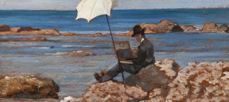 I Macchiaioli, Giovanni Fattori, Silvestro Lega che dipinge sugli scogli, 1866-1867. Olio su tavola, 13 x 28,5 cm. Collezione privata