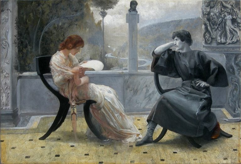 Il simbolismo in Italia, Fondazione Magnani-Rocca, Giulio Aristide Sartorio, La lettura (Catullo e Clodia), circa 1890, olio su tela. Collezione privata