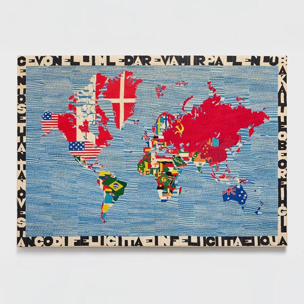 Alighiero Boetti, Mappa, 1979, Embroidery on canvas, 92 x 130 cm. (36 1:4 x 51 1:8 in.) detail. &copy; Alighiero Boetti, 2026 DACS