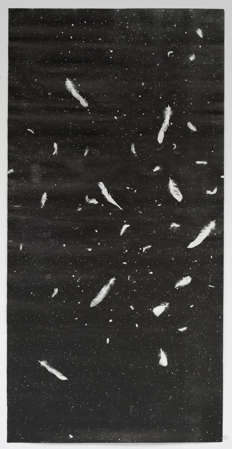 Alessandro Piangiamore, Qualche uccello si perde nel cielo, 2025, tecnica mista su carta giapponese
