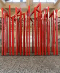 Renzogallo, Oltre, 2026, scatolare di ferro zincato e verniciato a polveri 3 elementi / galvanized iron box structure with powder coating 3 elements, Oltre le ceneri, Mattatoio, La Pelanda, particolare dell&rsquo;opera, Ph. Alessandro Vasari, Roma 2026