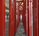 Renzogallo, Oltre, 2026, scatolare di ferro zincato e verniciato a polveri 3 elementi / galvanized iron box structure with powder coating 3 elements, Oltre le ceneri, Mattatoio, La Pelanda, particolare dell&rsquo;opera, Ph. Alessandro Vasari, Roma 2026