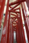 Renzogallo, Oltre, 2026, scatolare di ferro zincato e verniciato a polveri 3 elementi / galvanized iron box structure with powder coating 3 elements, Oltre le ceneri, Mattatoio, La Pelanda, particolare dell&rsquo;opera, Ph. Alessandro Vasari, Roma 2026