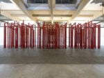 Renzogallo, Oltre, 2026, scatolare di ferro zincato e verniciato a polveri 3 elementi / galvanized iron box structure with powder coating 3 elements, Oltre le ceneri, Mattatoio, La Pelanda, installation view, Ph. Alessandro Vasari, Roma 2026